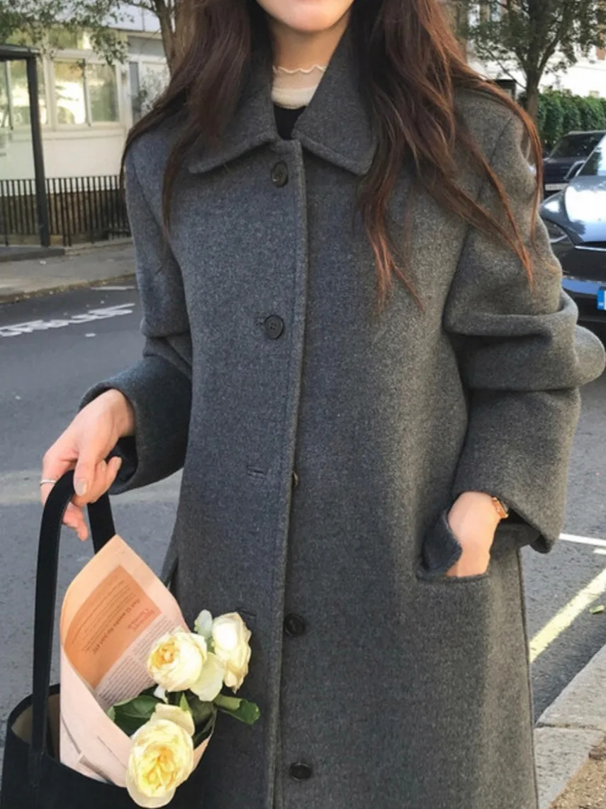 

Корейское шерстяное пальто средней длины на пуговицах в стиле ретро, осень-зима, новое шерстяное пальто средней длины с лацканами, женское шерстяное пальто 2025 г.