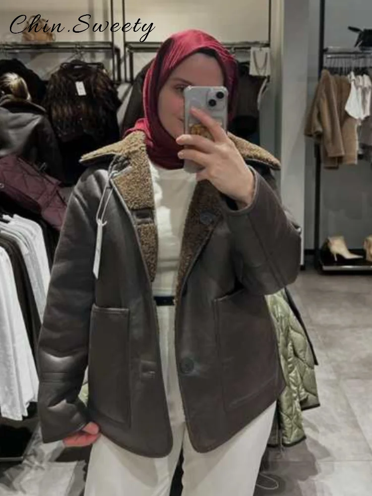 

Street Women's Reversible Suede Leather Jacket Lapel Full Sleeve Single Breasted Pockets Coat 2025 Autumn Winter Lady Outwear