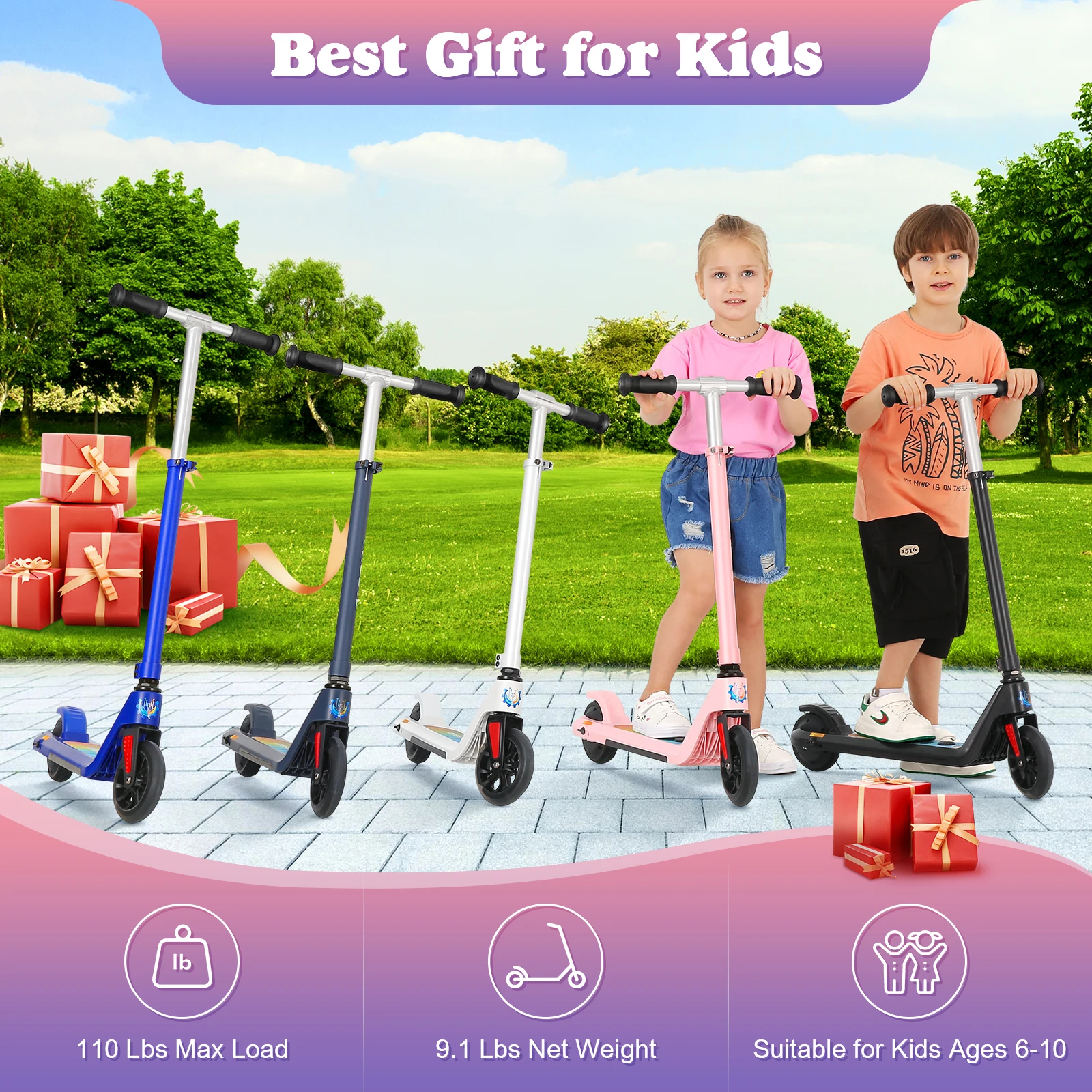 سكوتر كهربائي ماكس 6 ميلا في الساعة قوة 120 وات محرك خلفي للأطفال من سن 6 إلى 12 سنة سكوتر إلكتروني للتنقل مع ارتفاع قابل للتعديل وإضاءة سطح السفينة #3