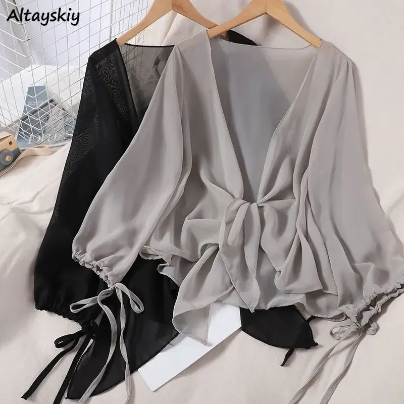 

Lace-up Jackets Women Leisure Sweet Sunscreen Lantern Sleeve Office Lady Thin New Temperament Korean Fashion Outerwear