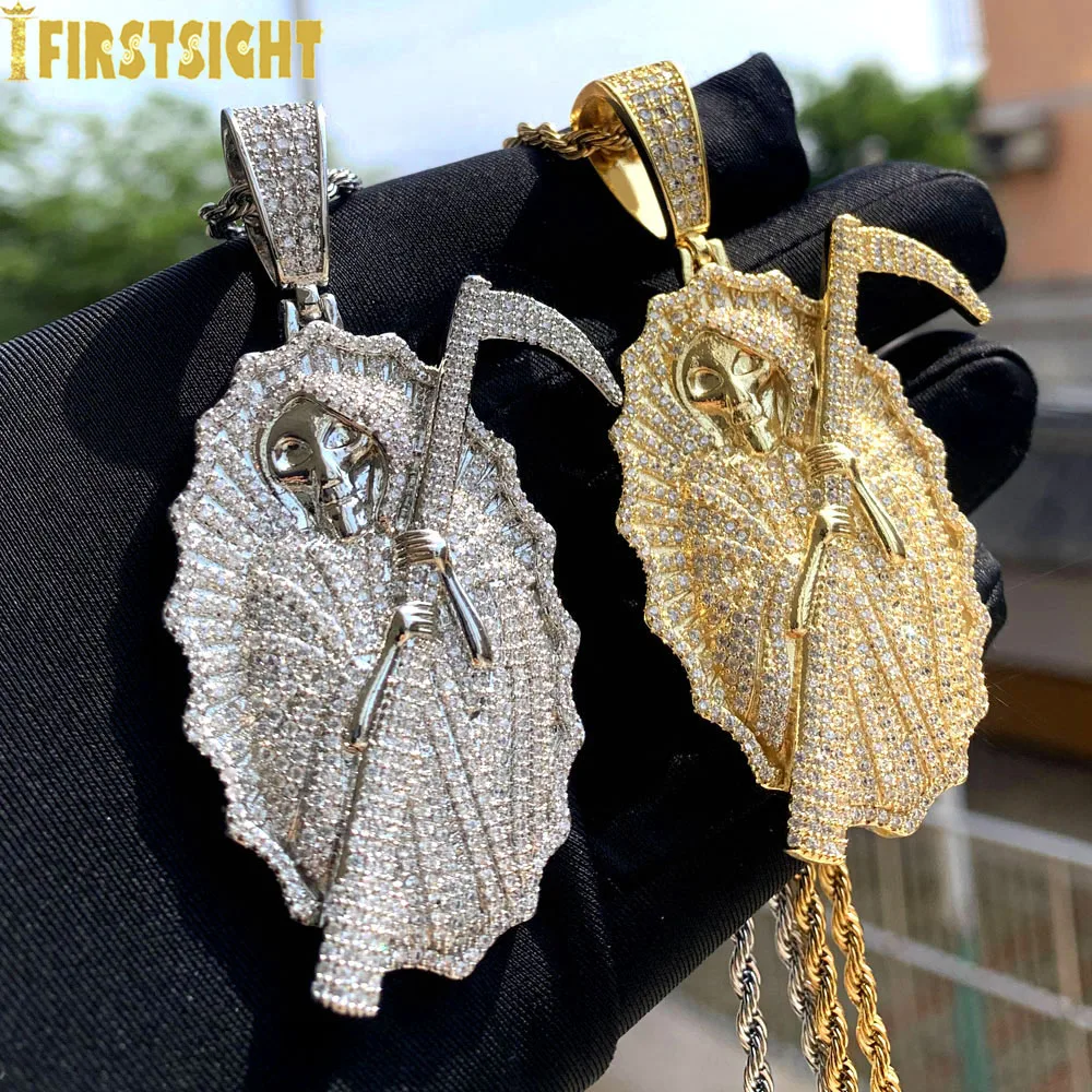 2023 New Grim Reaper Death Pendant Necklace Iced Out Bling Gold Color CZ The King Of Terrors Charm Men Women Hip Hop Jewelry