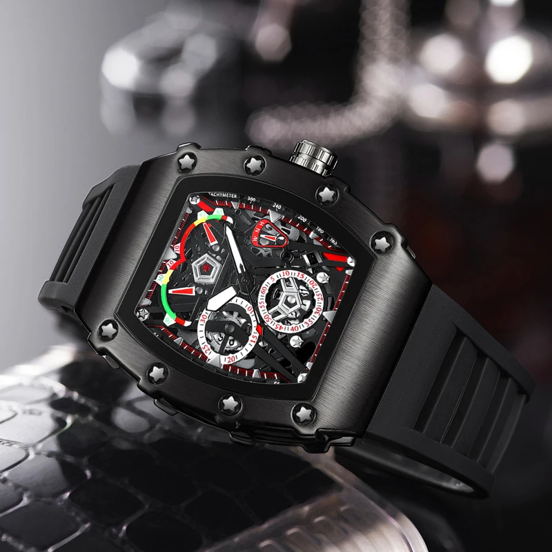 Factory Wholesale Watch Men Luxury Brand Black Tonneau Quartz Watches Man Fashion Sport Rubber Band Mille Relojes Dropshipping