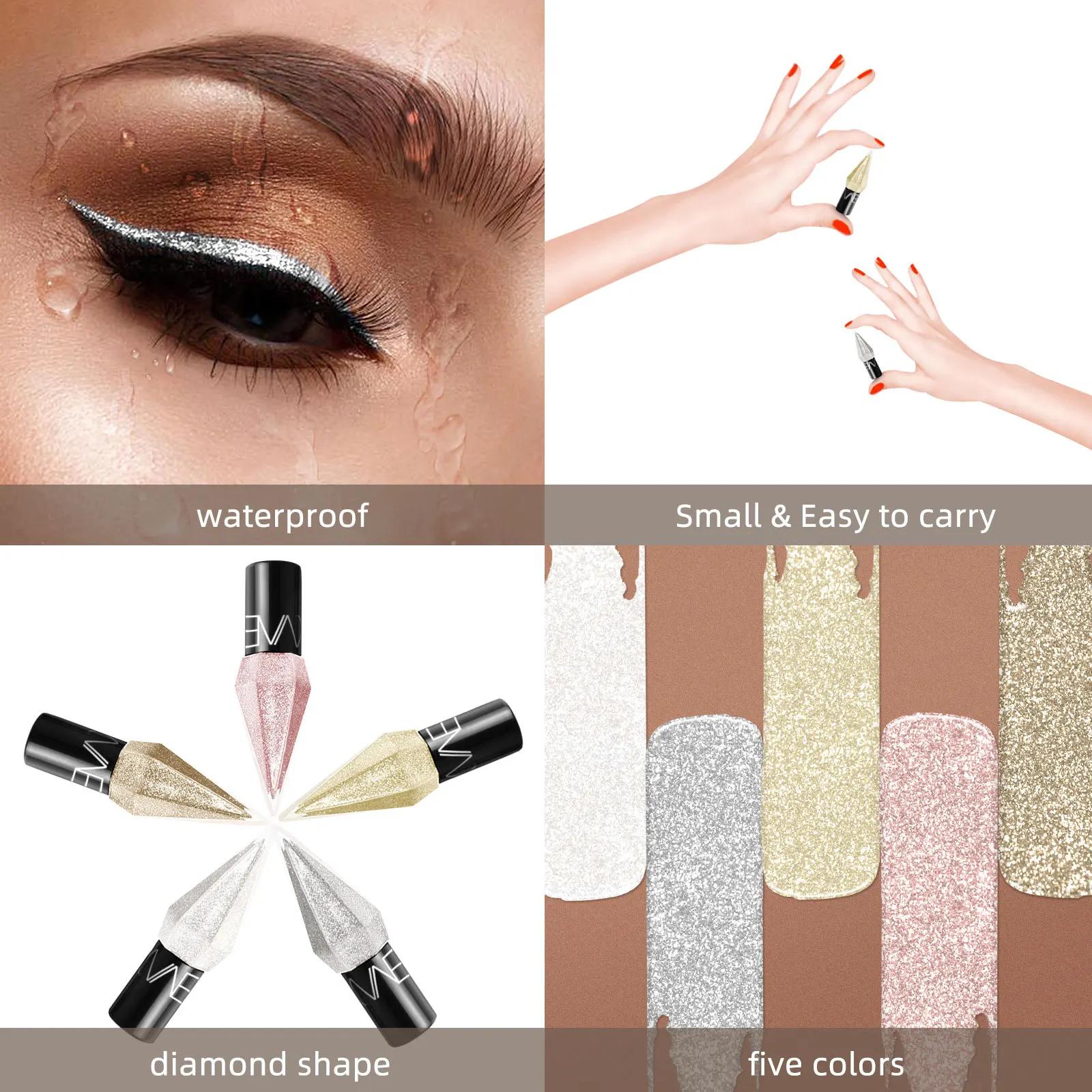 Diamond Shiny Eye Liners Eyeshadow Waterproof Silver Rose Gold Color Glitter paillettes Eyeliner Eye Shadow Makeup Beauty Cosmetics