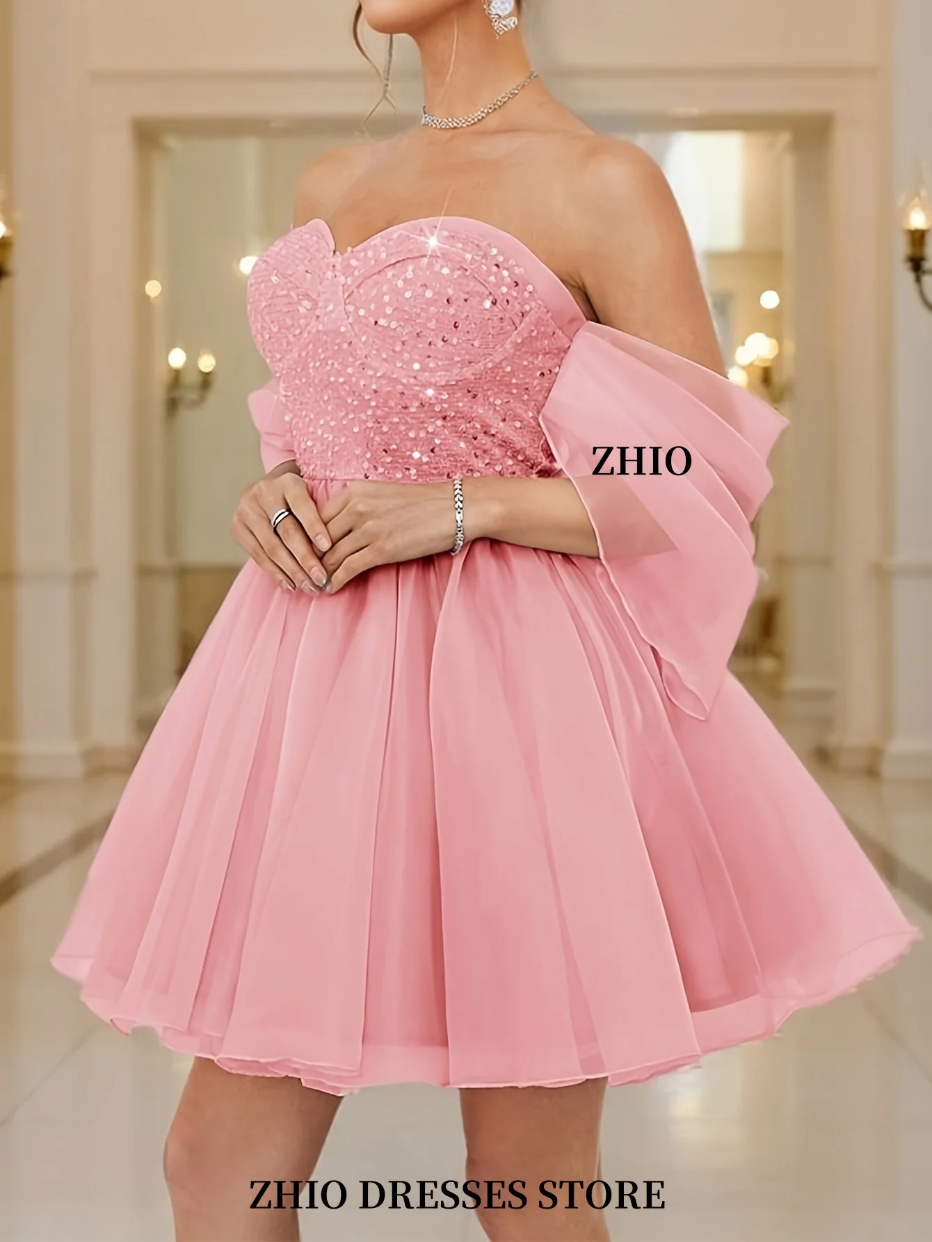 ZHIO Elegant Pink Sequin Strapless A-Line Mini Dress Candle Lace Skirt Suitable For Party Formal Events Customized