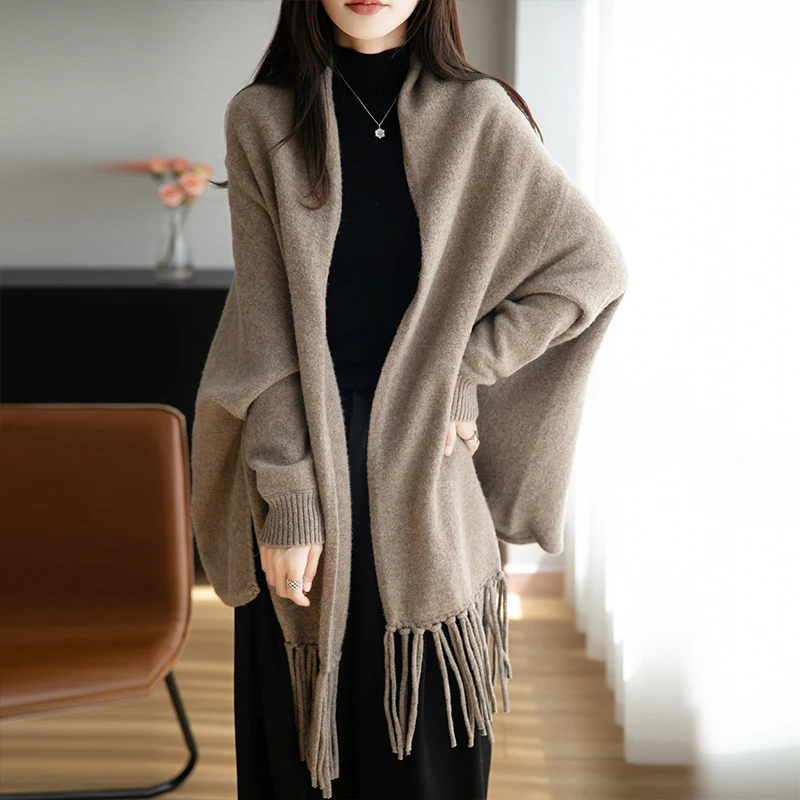 Versatile Solid Color 100% Wool Fringed Shawl Women's Autumn/Winter Fashionable Vintage High-End Feel Travel Warm Outerwear