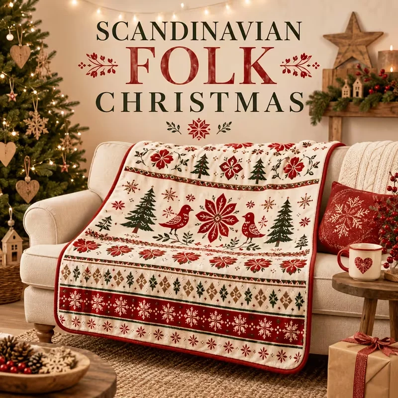 Blanket, Scandinavian Folk Christmas Throw, Nordic Bird Flower Snowflake Living Room Sofa Bedroom Blanket