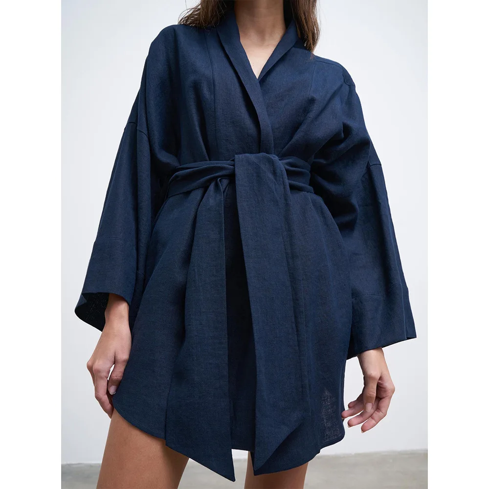 NHKDSASA 2023 Kimono Robe Dress Woman Linen Cotton Loose Wrape Summer Robe Dress with Sashes Casual Long Sleeves Lady Sleepwear