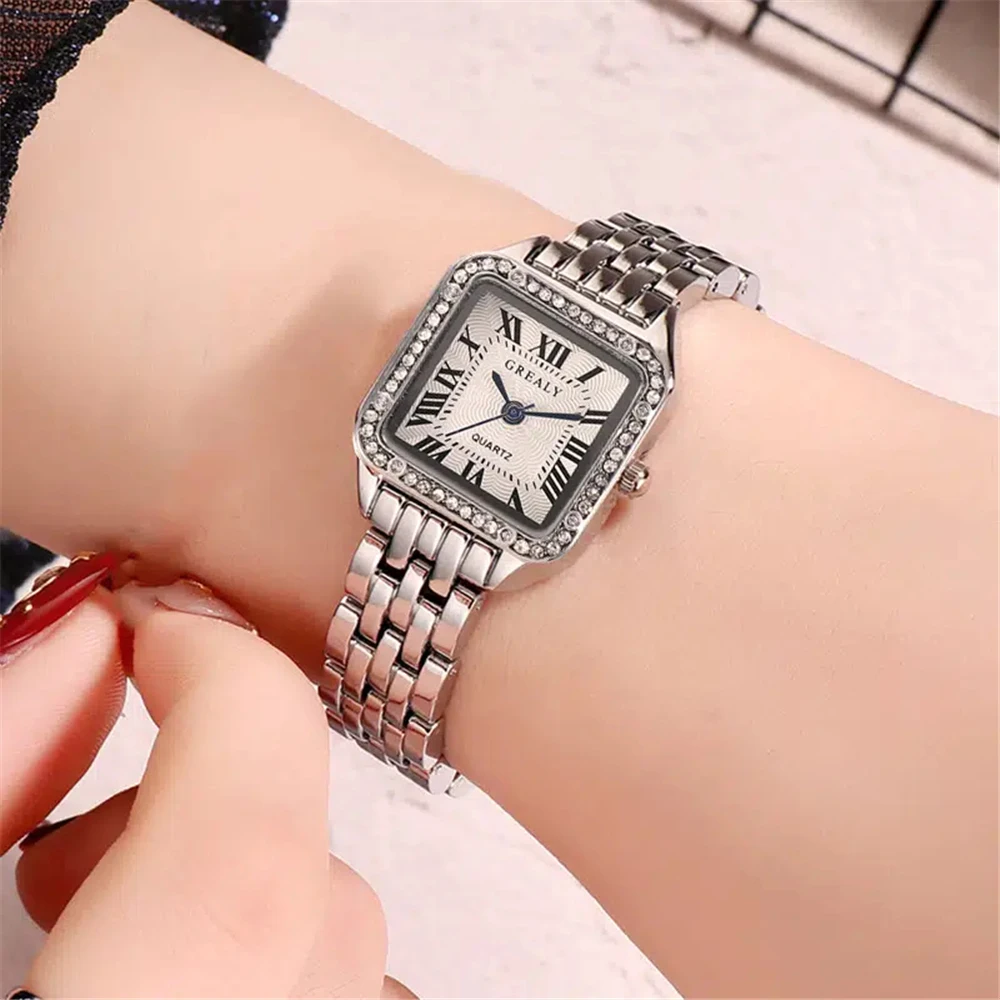 luxury crystal square dial quartz women steel band wrist watch