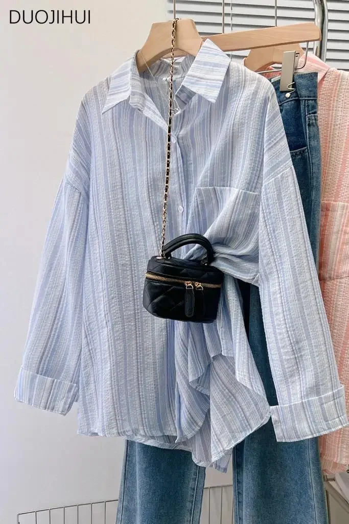 DUOJIHUI Summer Blue Vintage Loose Basic S-XL Women Shirt Classic Striped Simple Pocket Casual Fashion Spell Color Female Shirt