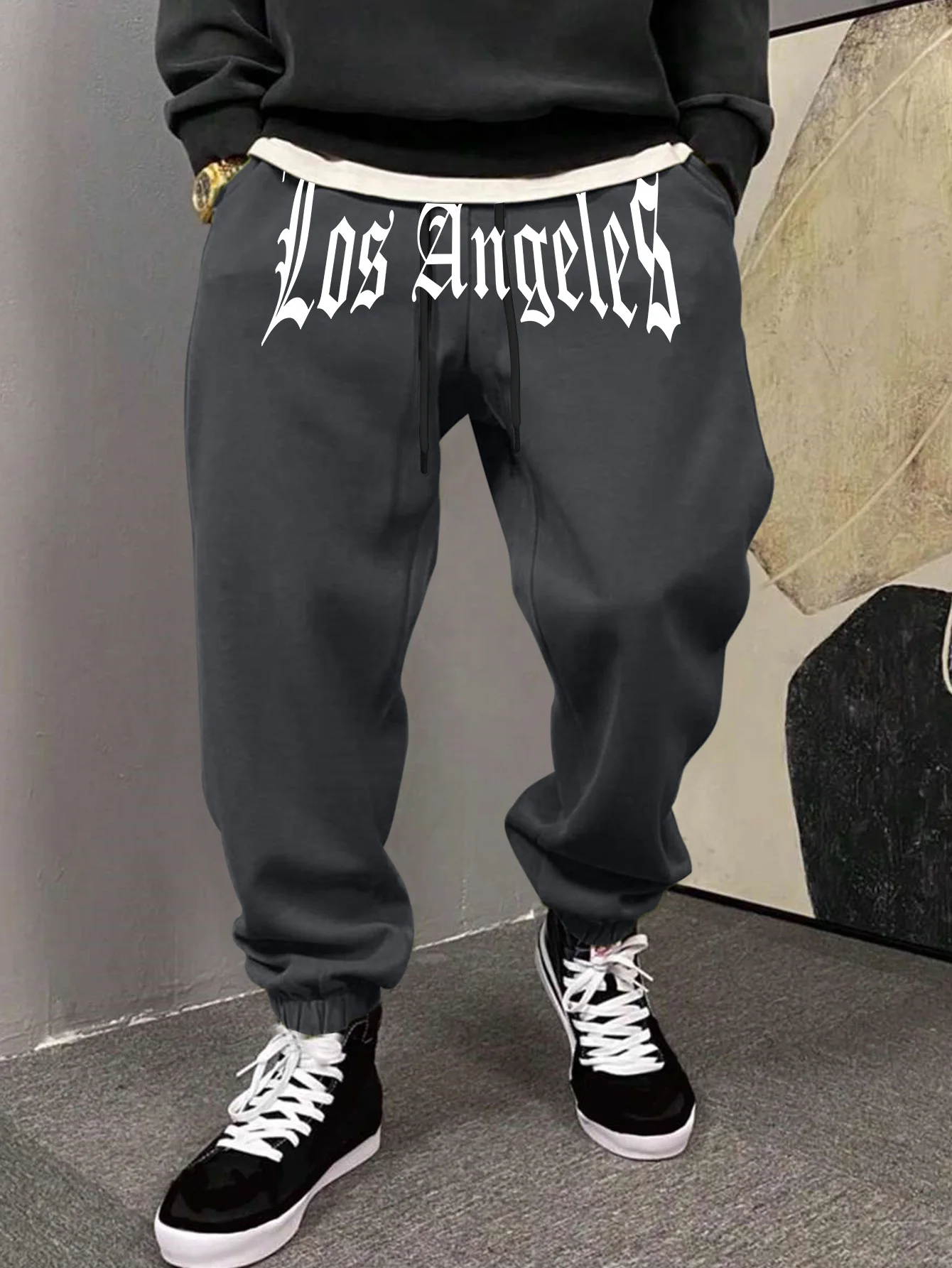 Men's Retro Hip Hop LA Gothic Font Joggers Elastic Cuff Sweatpants Popular Vintage California Streetwear Casual Pants