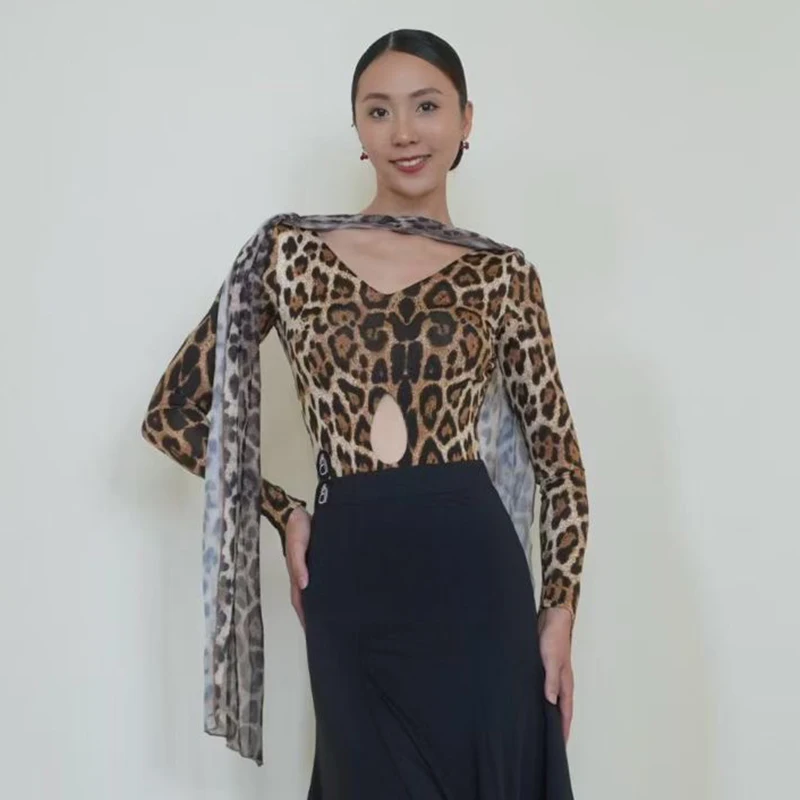 긴 소매 볼룸 댄스 탑 여성 라틴 댄스 연습 의류 레오파드 블랙 브이넥 백리스 바디수트 댄스웨어 BL18287