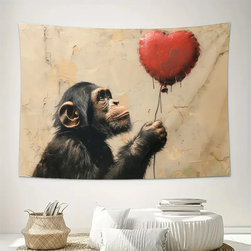 Bohemian Monkey Heart Balloon Tapestry Canvas Wall Art Jungle Print Decorative Living Room Home Decor Accent Tapestry Hanging