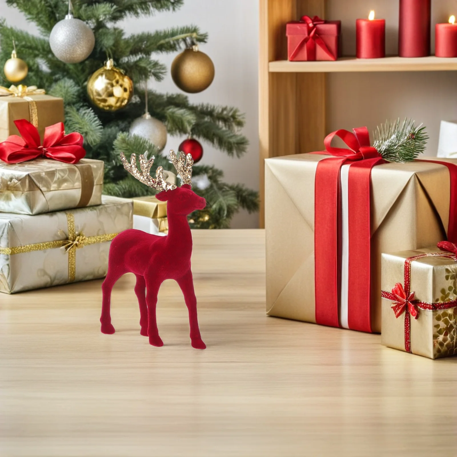 

Festive Glitter Deer Statue: Classic Christmas Table Decor with Soft Touch Finish for Home and Office Spaces Deer Antler Velvet