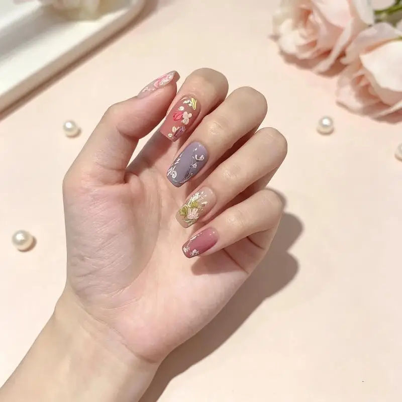 Full Cover Matte False Nails 3D Flower Pattern Square Shape Fake Nails with Free Tool Kit for Beginners