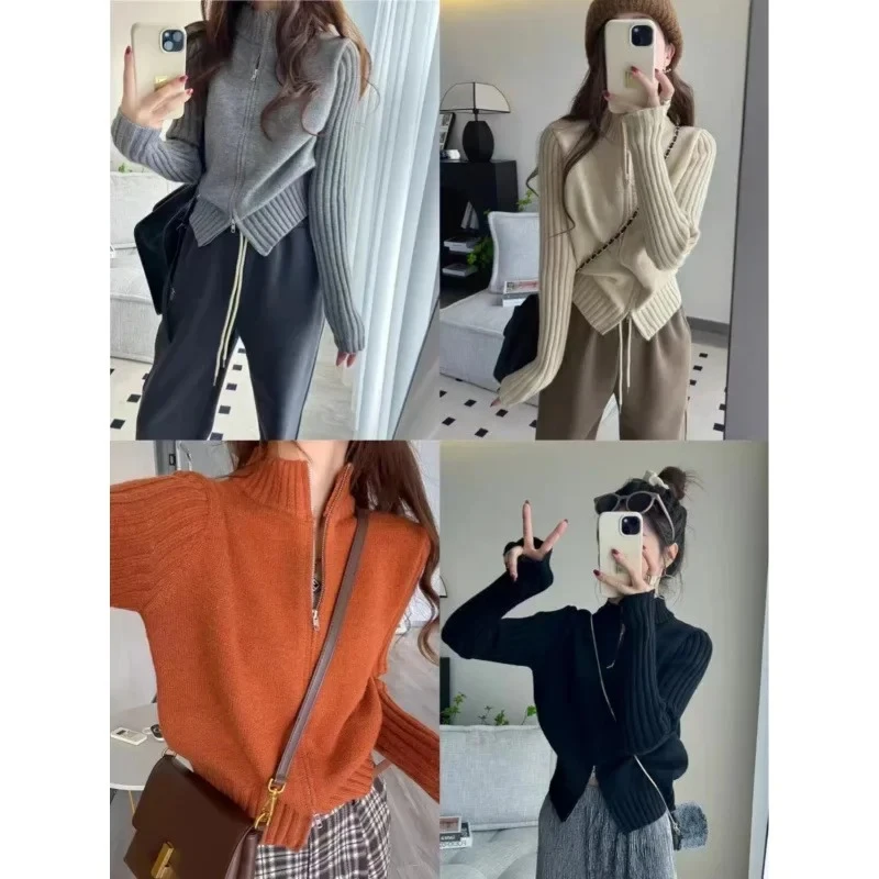 

Облегающие короткие стильные пуловеры, модные повседневные топы, женский утолщенный вязаный свитер с двойной молнией, внутренняя одежда, базовый слой