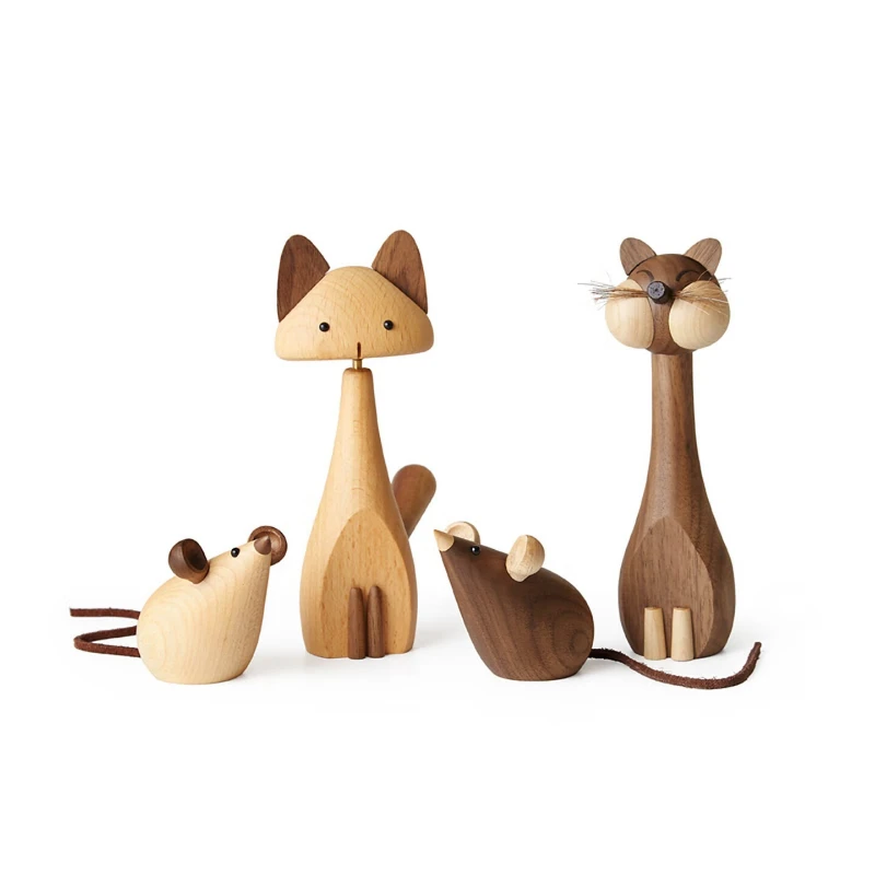 Wooden tabletop decoration cat and mouse home cute animal solid wood ornament