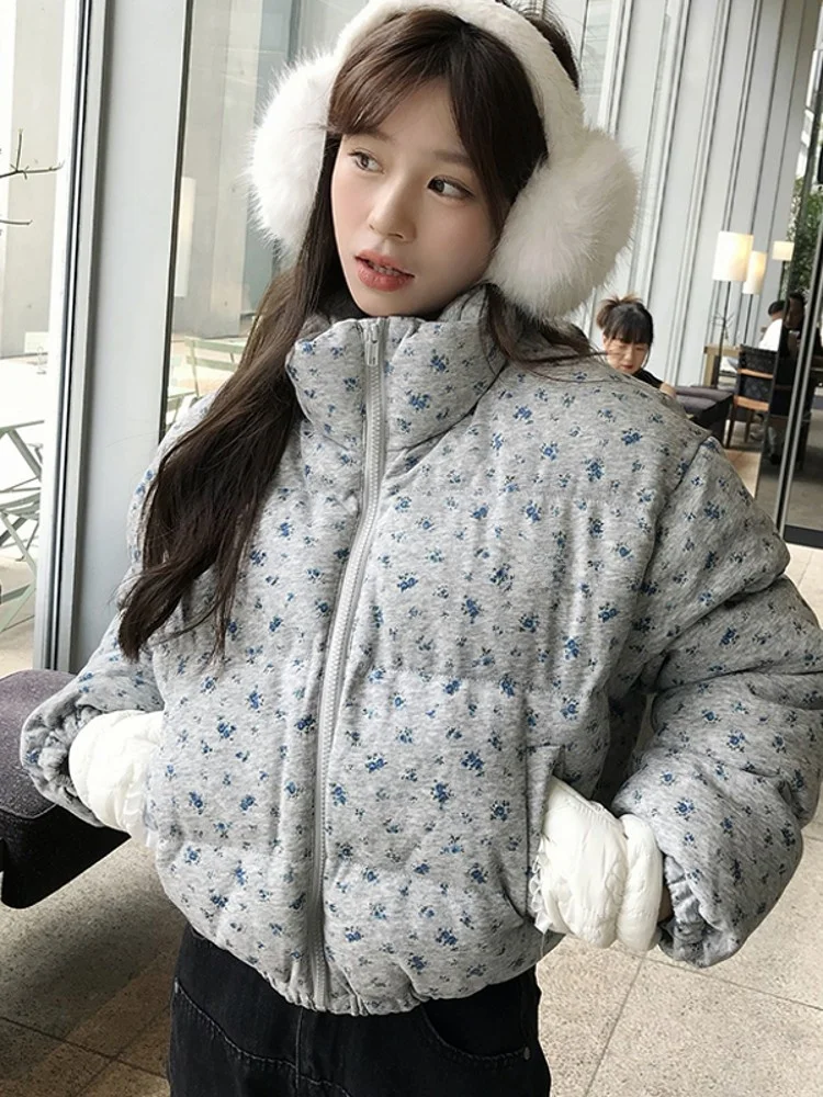 

Floral Print Stand Collar Thiened Winter Cotton Jaet Women's Bread Sle Coat Warmth Commute Sle ort Length Zipper