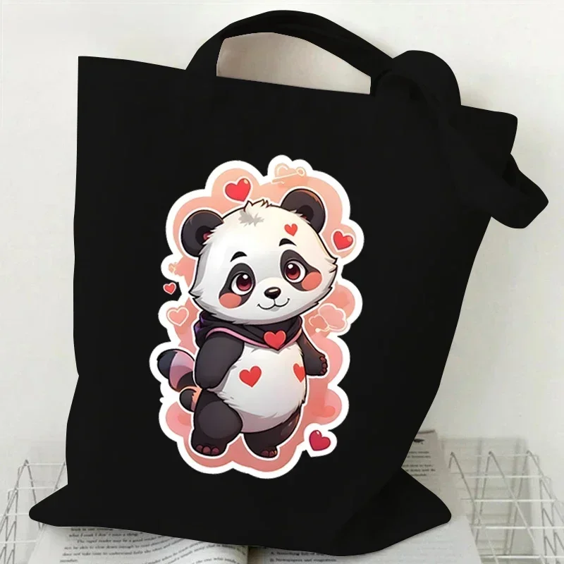 Cartoon Panda Pattern Canvas Shoulder Bag Women Portable Versatile Storage Bag Cute Animal Panda Shopping Bags Teen Girl Handbag