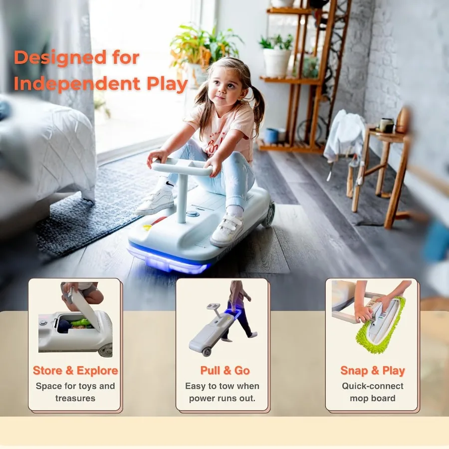 12V 乗用玩具車、掃除も楽しくなる、3 in 1 ゴーカート、ソフトスタート、5段階速度調整、取り外し可能なモップ、充電式バッテリー、160ポンド対応