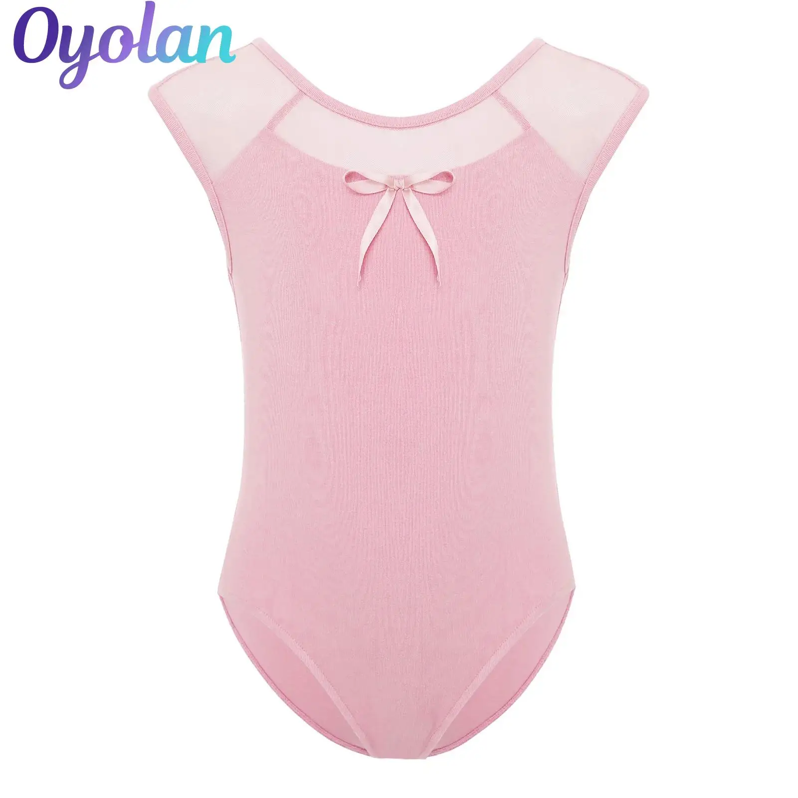 ชุดบอดี้สูทเด็กผู้หญิงสำหรับยิมนาสติกและบัลเลต์ แบบผูกโบว์เว้าหลัง ผ้าตาข่ายโปร่งแสง ชุดจั๊มสูทสำหรับเต้นรำ ชุดแสดง