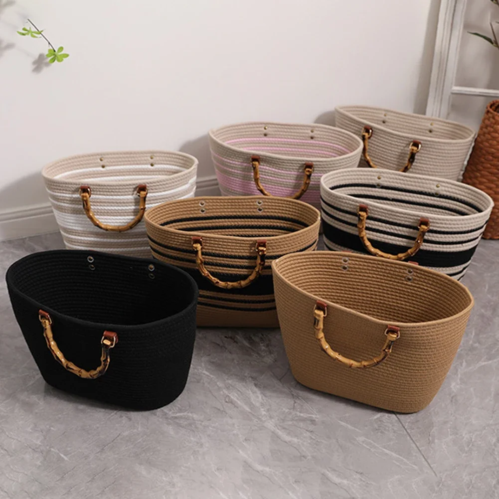 Women\'s Woven Tote Bamboo Handle Shopping Tote Bag Large Capacity Striped Handbag Casual Fashion Exquisite Clutch Beach Bag 2023