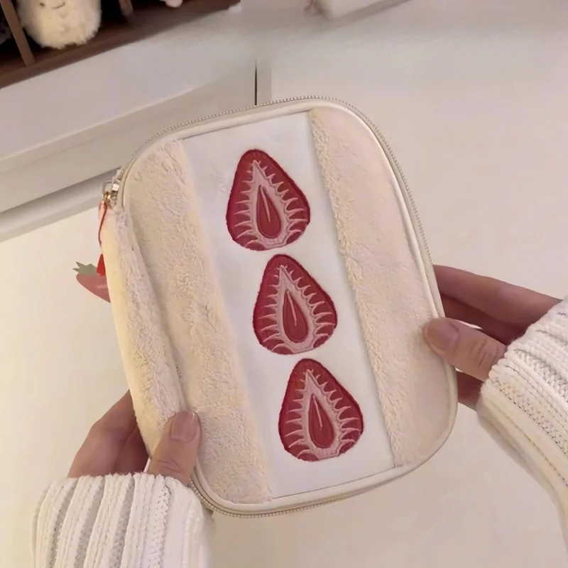 New plush embroidered strawberry pencil caseinsHigh-quality cosmetic bag, large-capacity pencil case for students