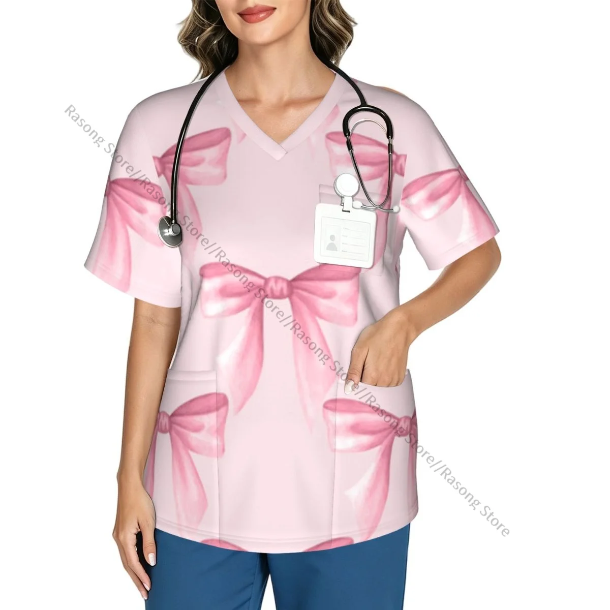 Coquette Bows In Pastel Pink Color Scrubs tops medical uniforms women V Neck Stretch Scrub Shirt Dentist doctor Blouse