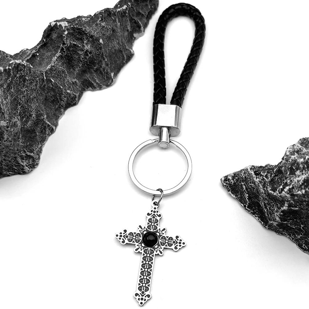 

Fashion Cross Goth Female Keychain For Women Men Stainless Steel Silver Color Nature Stone Keyholder Jewelry Gifts