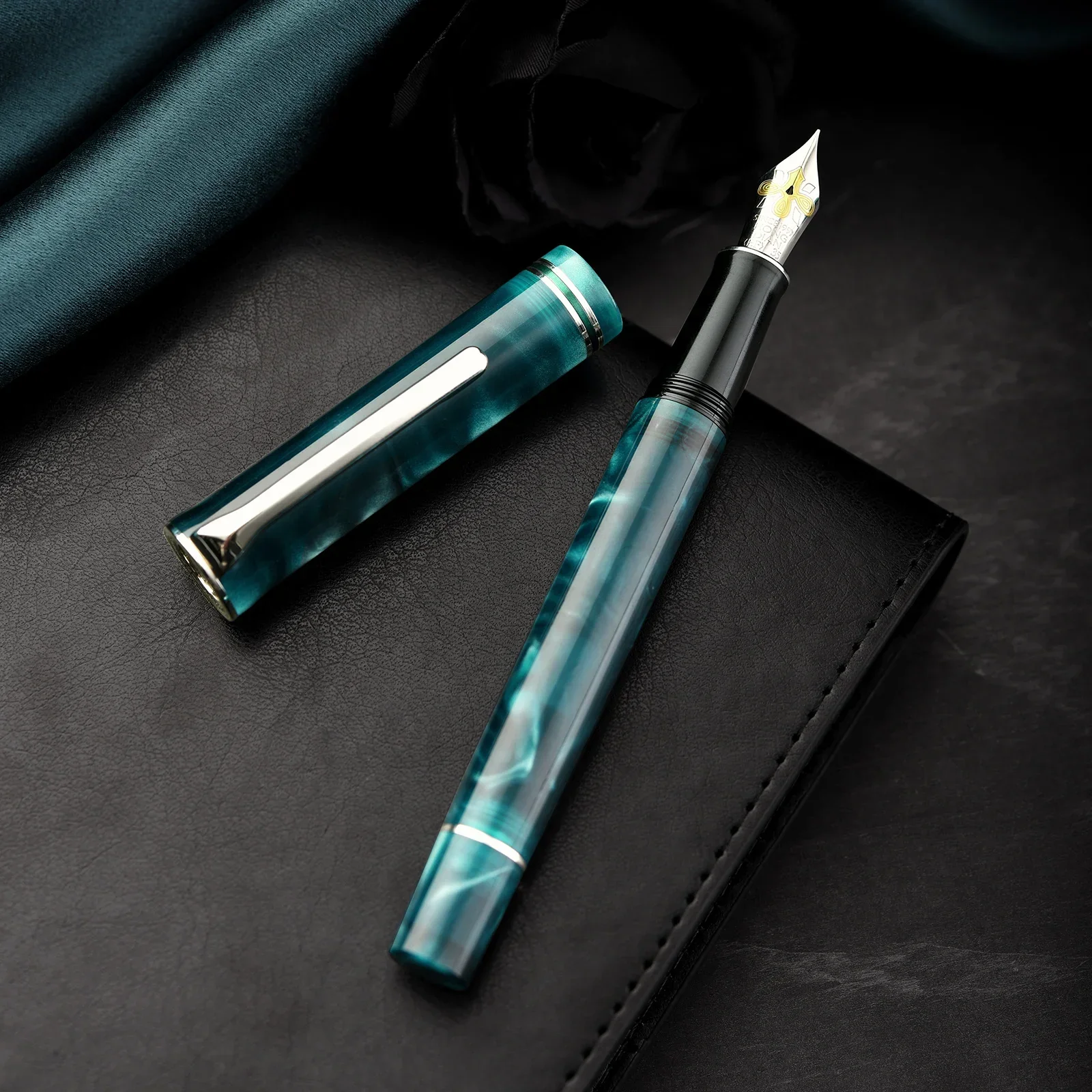 Hongdian N2 Acrylic Fountain Pen EF/F/M Nib, Blue Swirl Smooth Writing Pen with Ink Converter