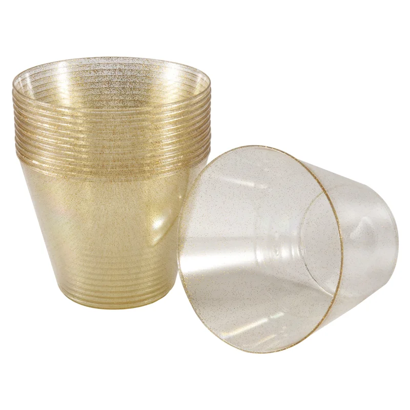 

COSW-Golden Plastic Cup Disposable Water Cup Golden Powder 90OZ Juice Cup Dessert Cup Mousse Cup Wedding Tableware Decoration