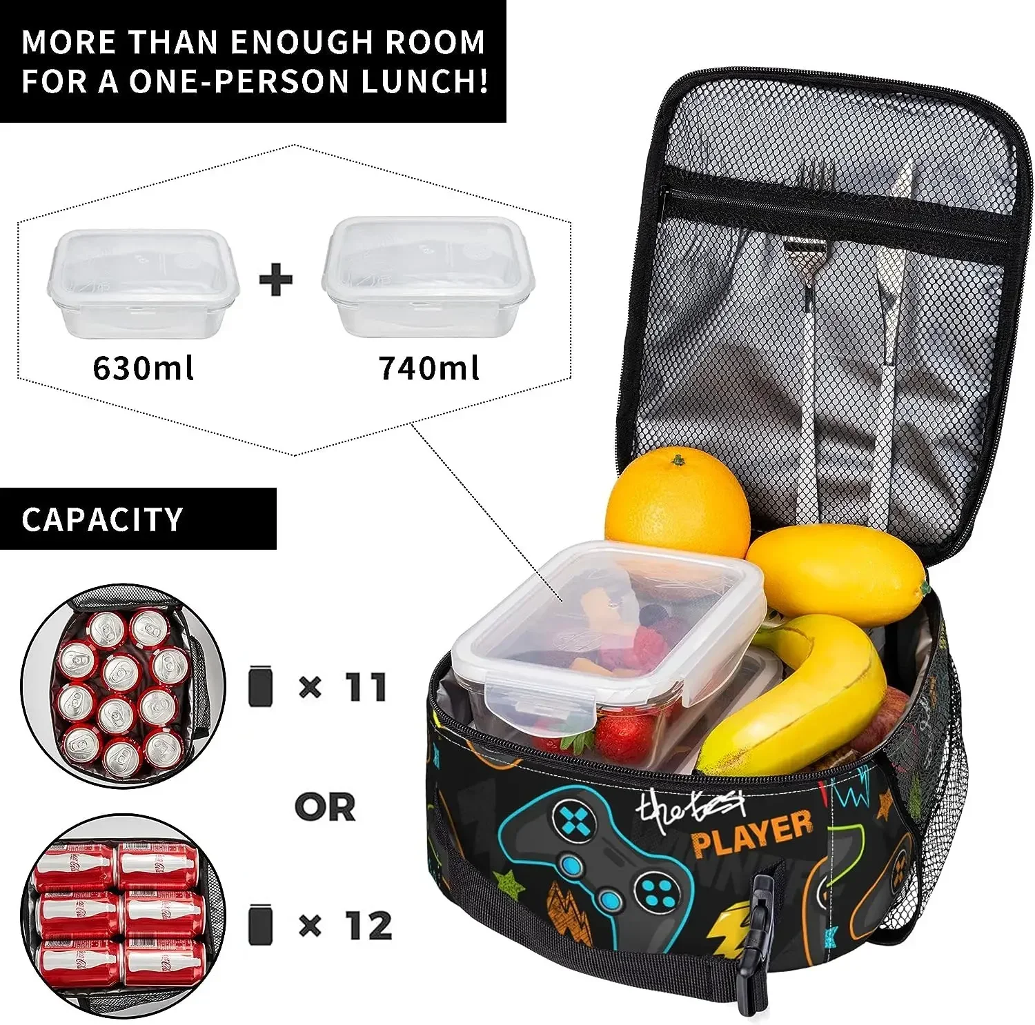 Video Game Controller Insulated Lunch Bag Reusable Lunch Box Portable Thermal Bento Tote for Adults Kids Work School Picnic