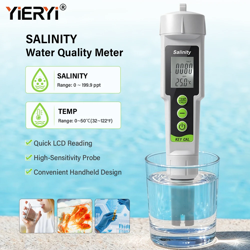 Yieryi Digital Salinity Meter 0-199.9 PPt Salinity Tester ATC For Aquarium Seawater Aquaculture Swimming Pool