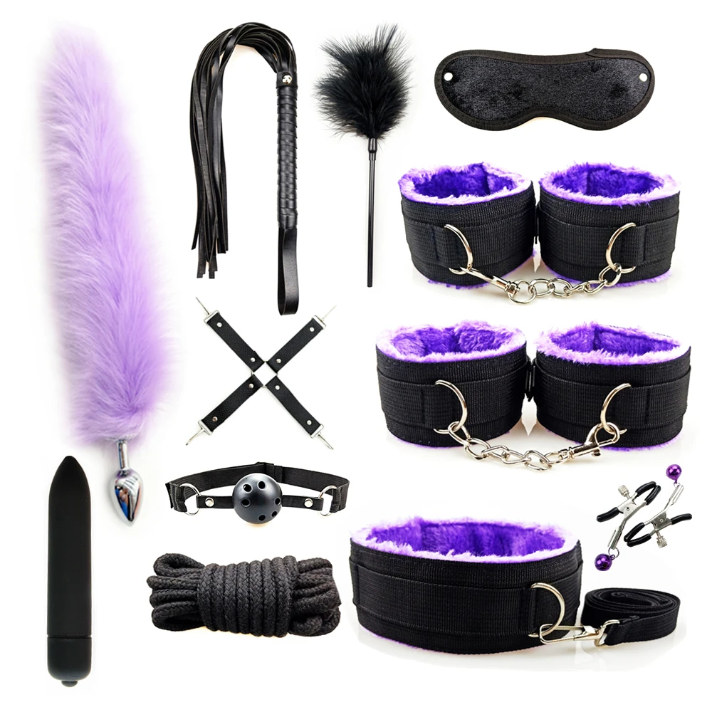 Nylon BDSM Kit Sex Bondage Sex Toys for Women Set Handcuff Vibrator Fox tail Anal Plug Sex Games Whip Nipple Clamp Sex Toys 18