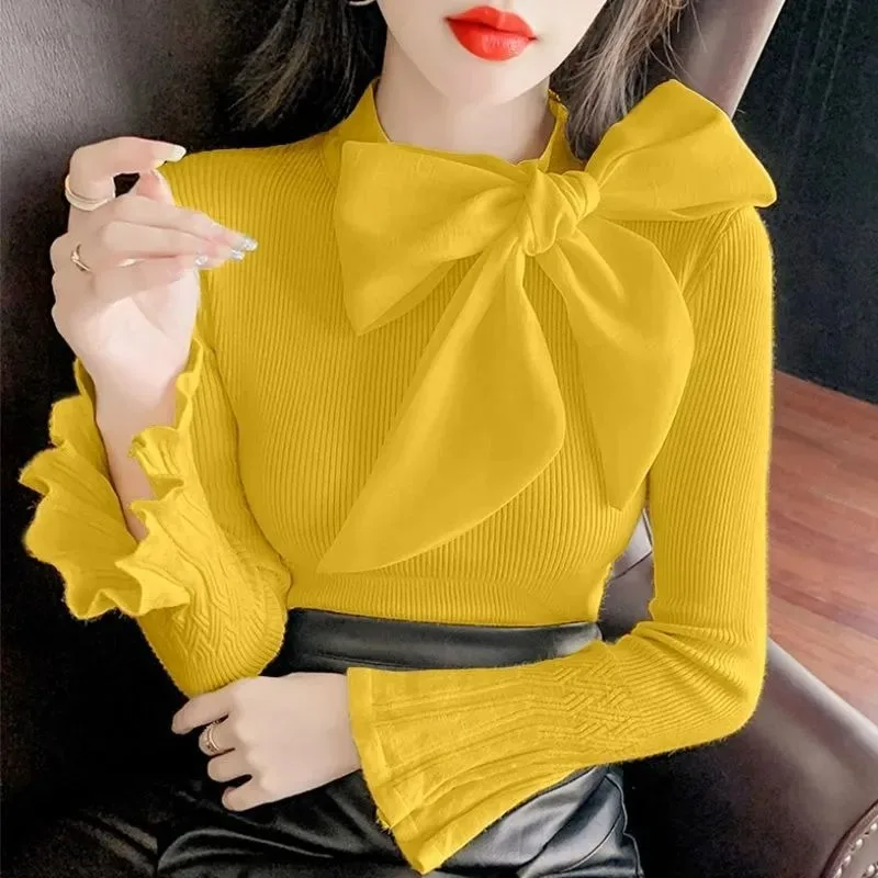 Elegant Lady Bow Knitted Sweater Pullover Women\'s Autumn 2024 New Temperament Outfit Inner Wear Flare Long-sleeved Top