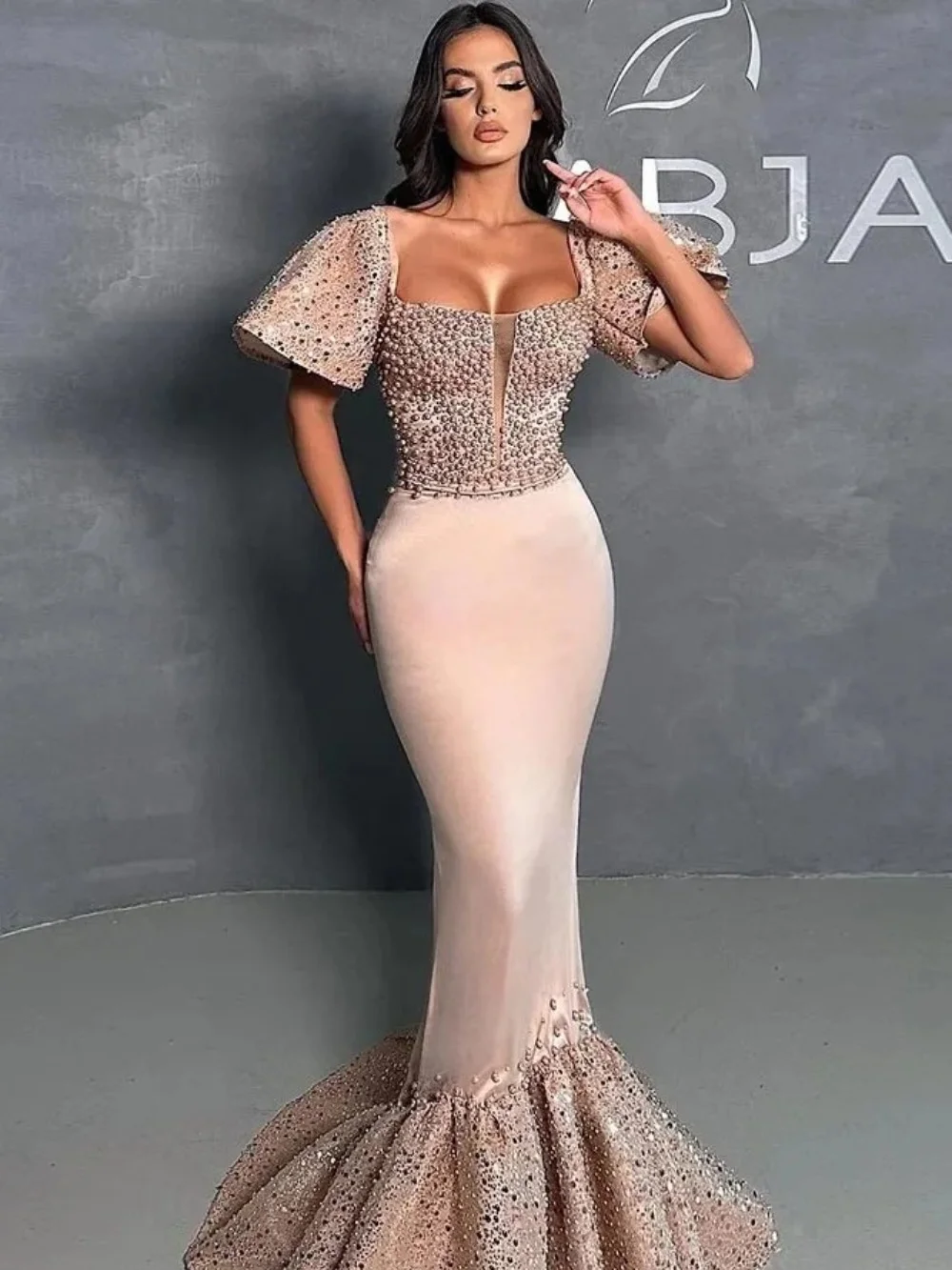 

Bespoke Banquet Evening Dresses Trumpet Floor Length Square Neck Pearl Beaded Sequins Fashion Sexy Formal Prom Dress Custom Made