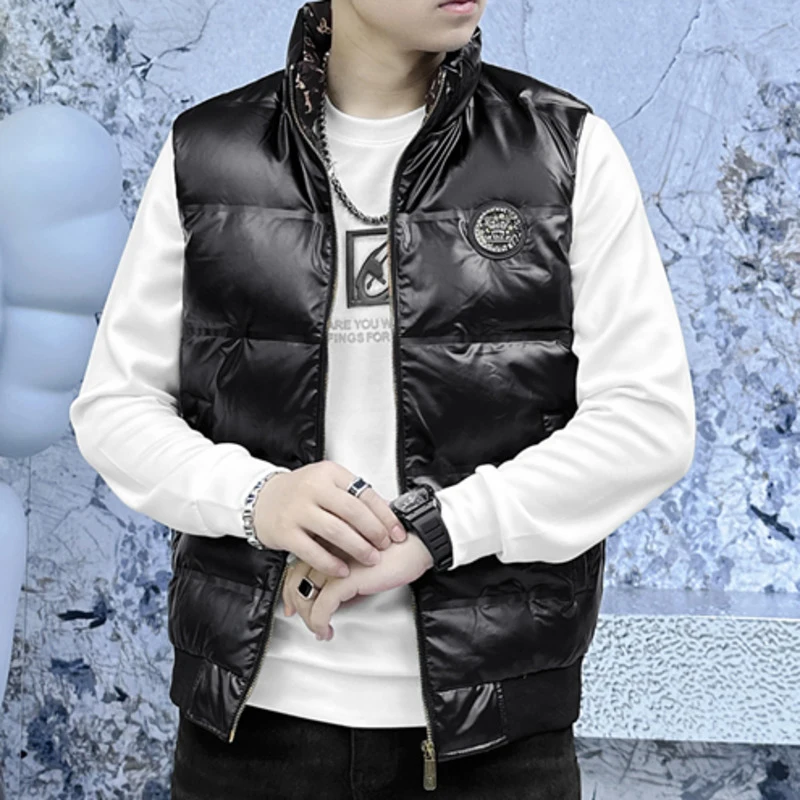 Winter Sleeveless Jacket Print Jackets 2023 Streetwear Korean Style Stand Collar Shinny Vest Slim Fit Coat Mens Vest 4 Colours