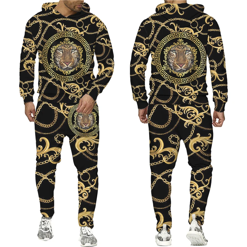 3D Print Hoodie e calças para homens e mulheres, conjunto Sportswear, agasalho, roupas de corrida, roupas, leopardo, padrão dourado, moda