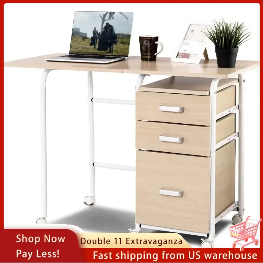 Folding Computer Desk Wheeled Home Office Furniture with 3 Drawers Laptop Desk Writing Table Portable Dorm Apartment