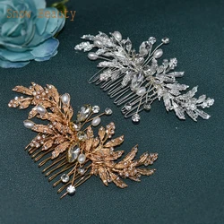 A83 Crystal Wedding Hair Accessories Pearl Bridal Hair Comb Leaf Bride Headdress Handmade Bride Headpiece for Women Jewelry