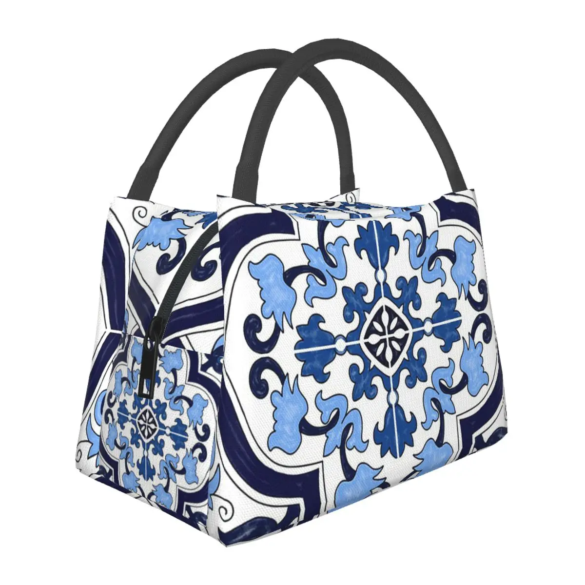 Blue Ornate Floral Mediterranean Sicilian Tile Lunch Bags Insulated Bento Box Portable Lunch Tote Picnic Bags for Woman Children