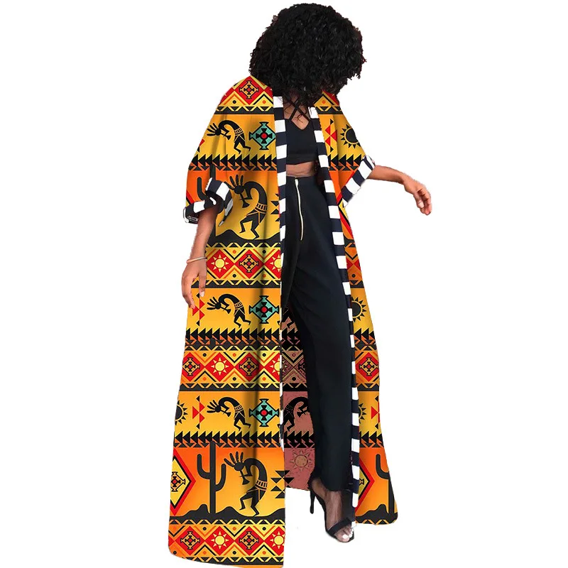 Spring Summer African Printed Outwear Women Causal 3/4 Sleeve Open Trench Coat Women Overcoat Beachwear