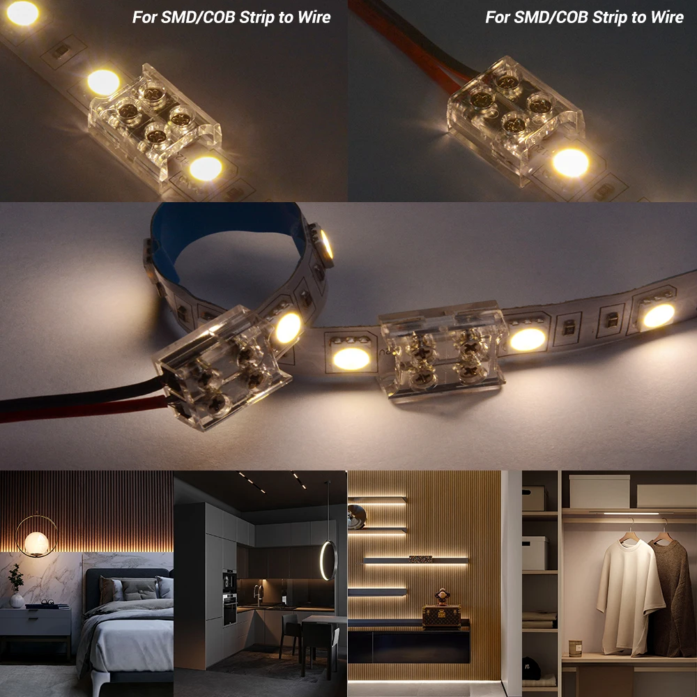 LED Strip conector com parafuso fixo, Terminal flexível, LED Strip Light, SMD COB Strip, IP20, 8mm, 10mm