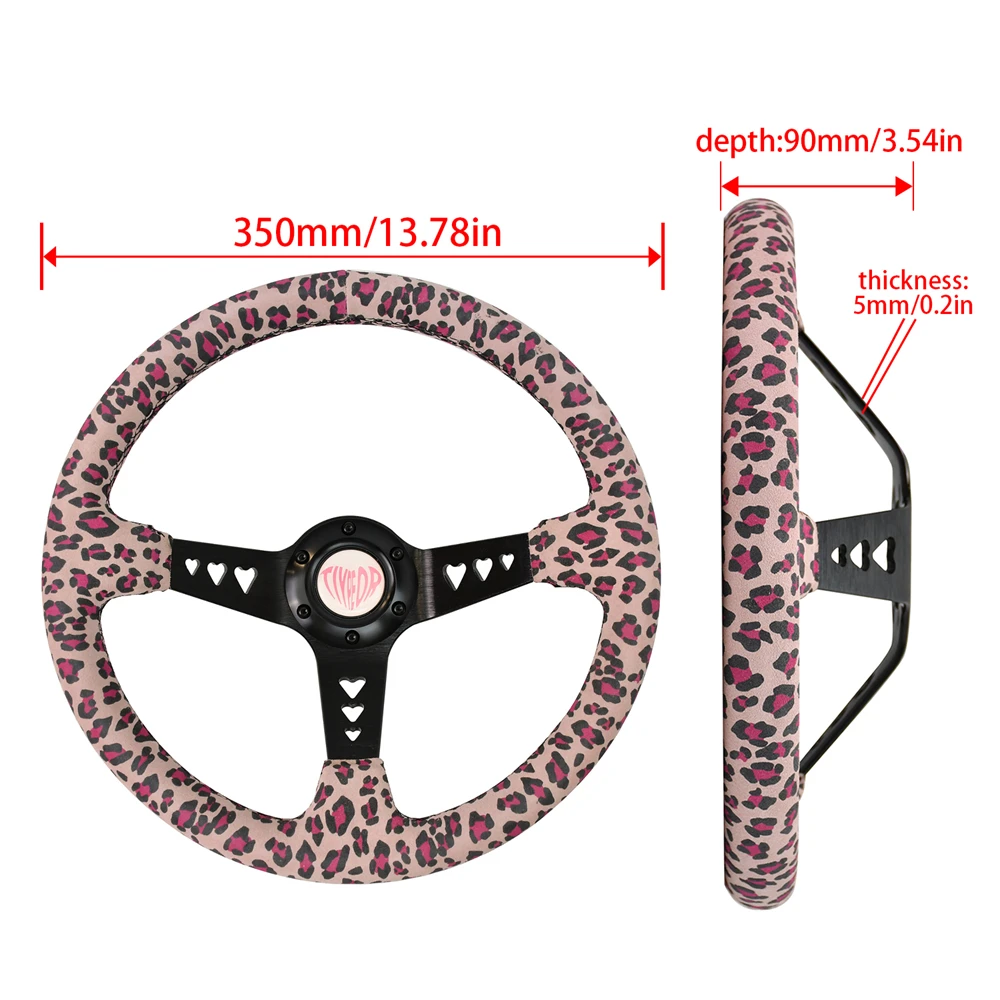 TIYPEOR 350mm Heart-Pink Leopard Print Racing Steering Wheel 6 Bolts Deep Dish Sports Steering Wheel with Heart Hole