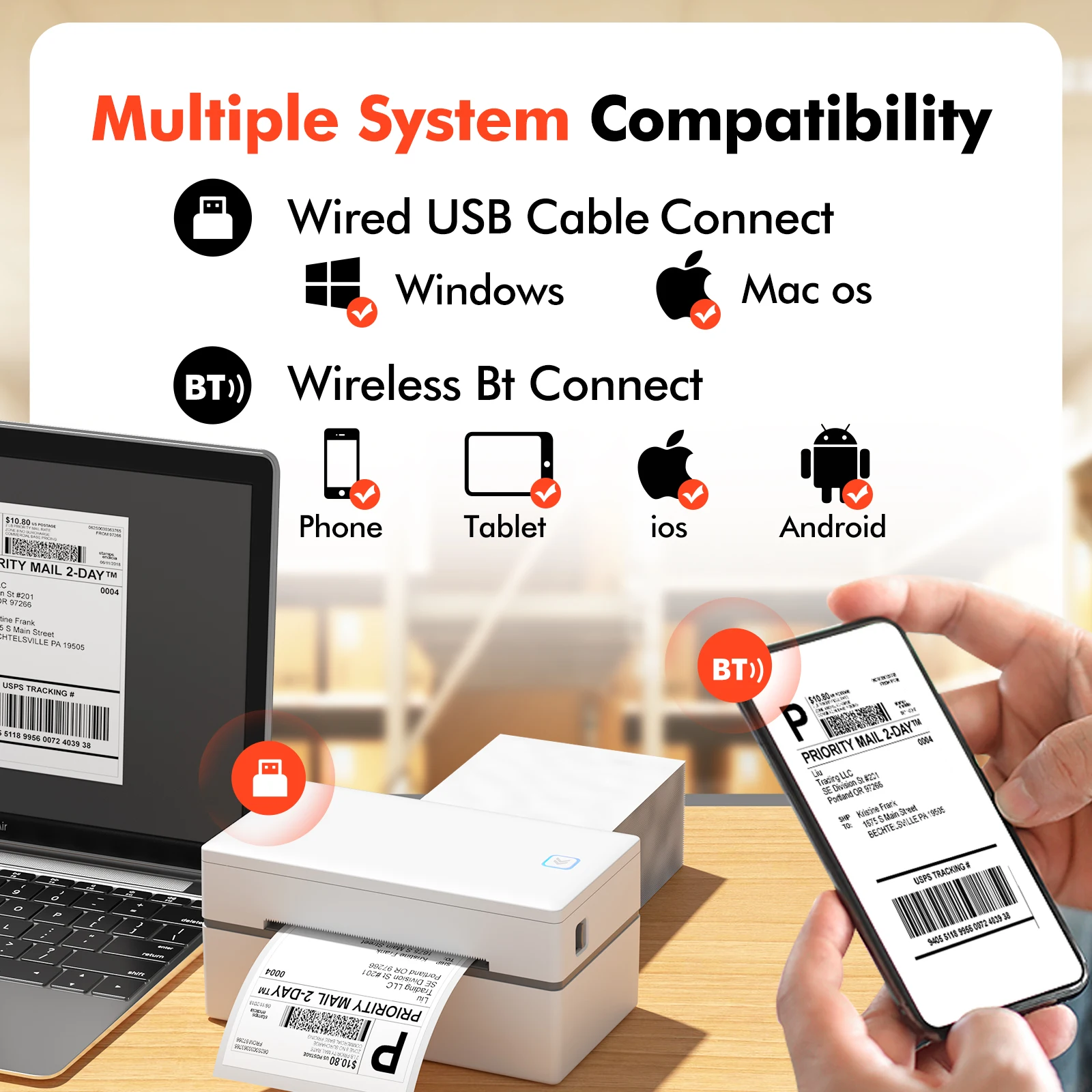 Luck Jingle 110 مللي متر ملصق Waybill Printer للخدمات اللوجستية السريعة 200 ديسيبل متوحد الخواص GD985 USB BT شحن طابعة باركود