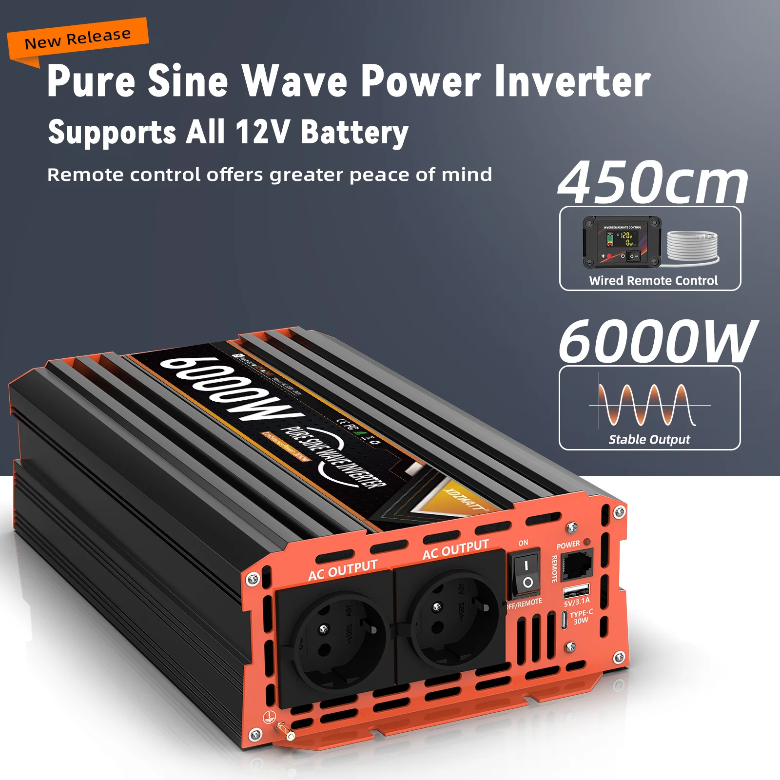 6000 W Spitzenleistung Reiner Sinus-Wechselrichter DC 12 V 24 V zu AC 230 V 50 Hz EU-Buchse LCD Auto Voltmeter Konverter Transformator LCD – Detail 7