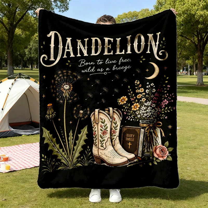 Dandelion Western Cowgirl Flannel Blanket, Born To Live Free Wild As A Breeze Flannel Throw, Floral Cowboy Boots