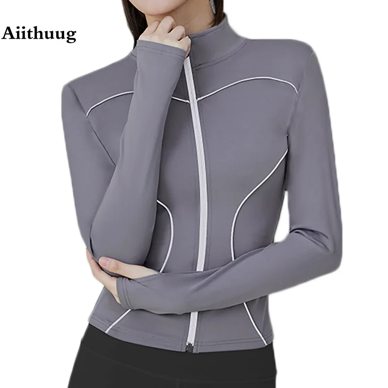 

Aiithuug Reflect Line Safe Night Run Yoga Long Sleeeve Sports Jackets Fulll Zip Up Active Shirts Gym Workout Jacket Fitness 8060