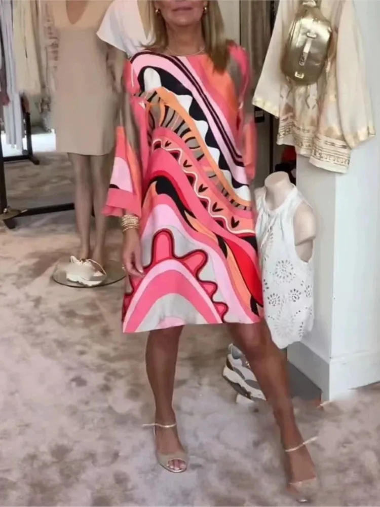 Boho Print Jurk Voor Dames Mode O Hals Pols Mouw Trui Losse Jurken Dame Casual Vakantie Dameskleding Lente Zomer