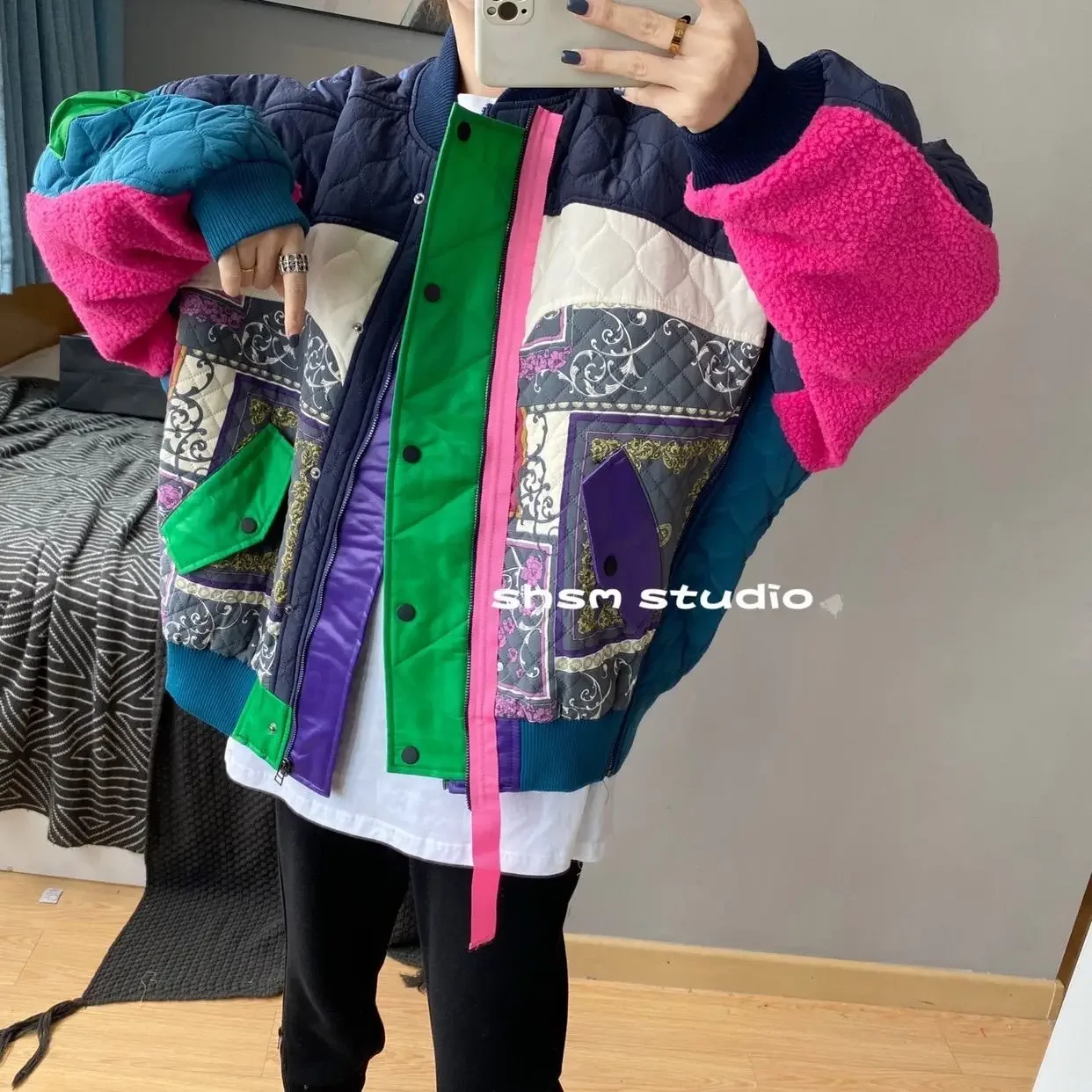 Vrouwen Patchwork Diverse Graffiti Bedrukt Katoen Gewatteerde Jas Zip Stand Kraag Baseball Verdikte Puffer Jas Parka Vest