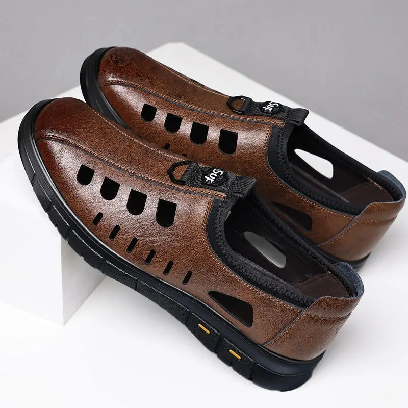 Men Leather Shoes Slip on Comfortable Casual Flats Fashion Breathable Dress Shoes Male Loafers Men Hollow Outdoor Beach Sandals